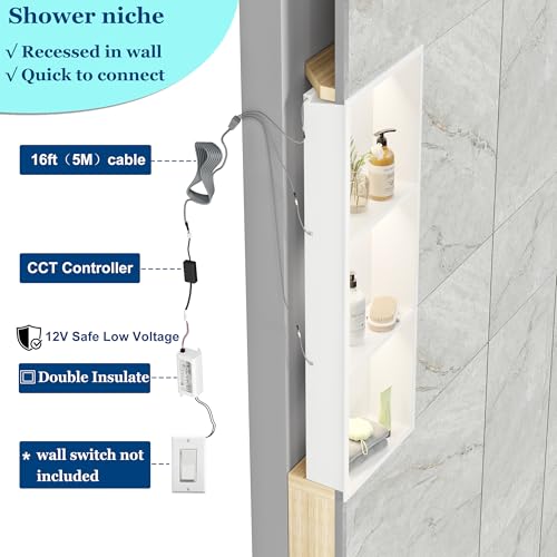 White 3-Tier 3 CCT LED Niche, 12"x36" No-Tile Shower Storage | shower niche with 3-Temperature LED Strip Light (4000K/6000K/3000K),Waterproof, Sturdy&Durable,304 Stainless Steel Wall Niche - color: White, size: 12X36In