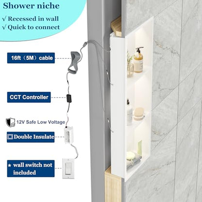 White 3-Tier 3 CCT LED Niche, 12"x36" No-Tile Shower Storage | shower niche with 3-Temperature LED Strip Light (4000K/6000K/3000K),Waterproof, Sturdy&Durable,304 Stainless Steel Wall Niche - color: White, size: 12X36In