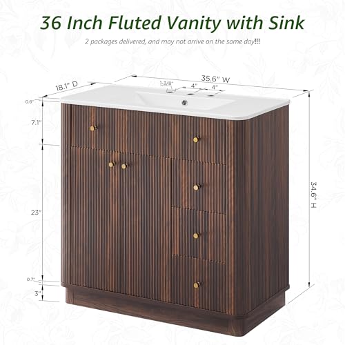 T4TREAM 36" Fluted Bathroom Vanity with Single Sink, Dark Walnut | Integrated Ceramic Sink, Large Storage Cabinet, Adjustable Shelf, 3 Drawers, Three pre-drilled faucet holes, Mid-Century - color: Dark Walnut, size: 36" (Single Sink)