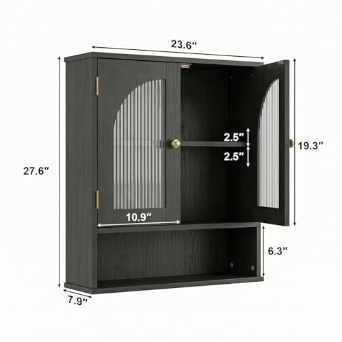 Black Bathroom Cabinet Wall Mounted with Tempered Glass Doors,Wooden Medicine Cabinet with Adjustable Shelf Open Shelf,Over The Toilet Space Saver Storage Cabinet - color: Black With Fluted Glass