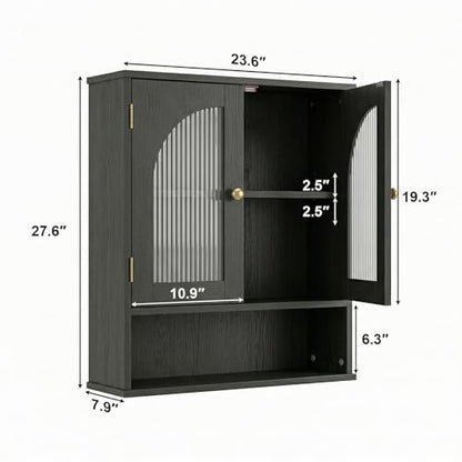 Black Bathroom Cabinet Wall Mounted with Tempered Glass Doors,Wooden Medicine Cabinet with Adjustable Shelf Open Shelf,Over The Toilet Space Saver Storage Cabinet - color: Black With Fluted Glass