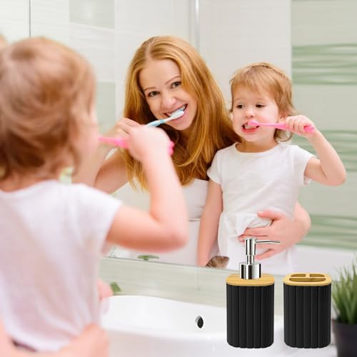 Bathroom Accessories Set, 2PCS Black Soap Dispenser and Toothbrush Holder | Bamboo Bathroom Sets Accessories, Bathroom Set Striped - color: Black