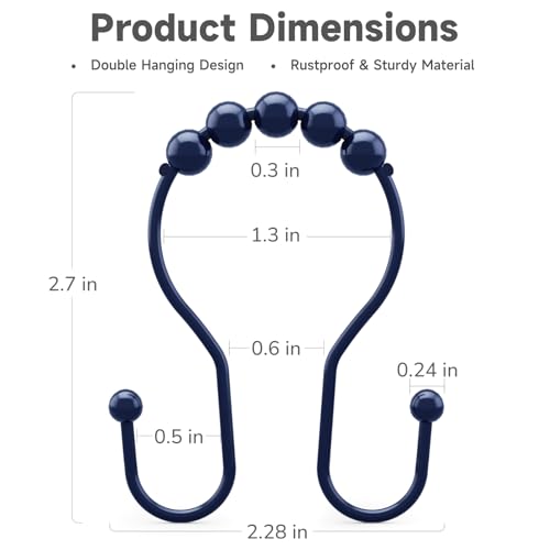 Bathway Shower Curtain Hooks, Shower Curtain Rings Rust Proof Navy Blue Double Hook Shower Curtain Hooks, 12 Pcs Shower Hooks for Shower Curtain, Shower Rings for Curtain, Metal Shower Rod Hooks - color: Navy Blue