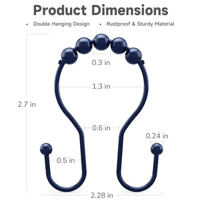 Bathway Shower Curtain Hooks, Shower Curtain Rings Rust Proof Navy Blue Double Hook Shower Curtain Hooks, 12 Pcs Shower Hooks for Shower Curtain, Shower Rings for Curtain, Metal Shower Rod Hooks - color: Navy Blue