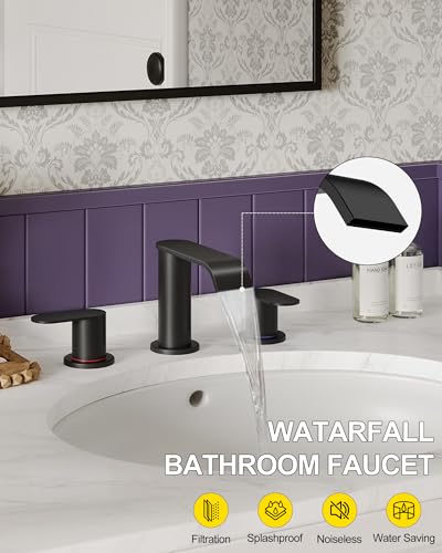 2 Pack Matte Black Waterfall Bathroom Faucet for Sink 3 Hole 8 Inch | Widespread Bathroom Sink Faucets with Pop-up Drain Supply Lines Stainless Steel 2-Handle Bathroom Sink Faucet by Homevacious - color: Matte Black X 2, size: 8 Inch Widespread