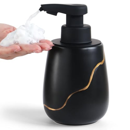 BosilunLife Rechargeable Auto Touchless Foam Soap Dispenser 17oz Ceramic | With Elegant Golden Curved Line.With Waterproof Pump,Touch-Free Sensing.17oz Dish Soap For Kitchen And Bathroom，Black - color: Black, style: Foam Pump