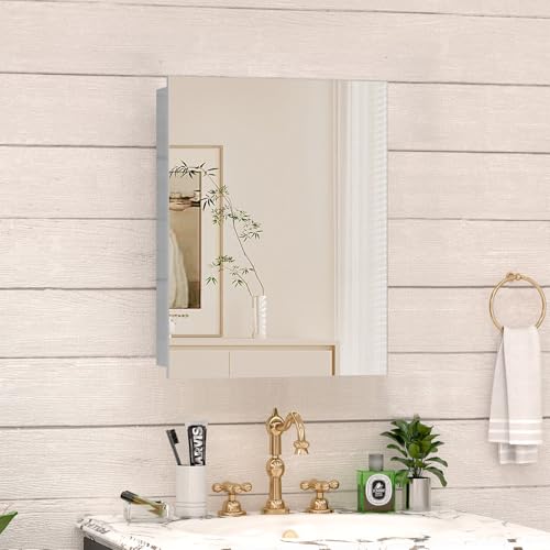 14 x 18 Farmhouse Medicine Cabinet for Bathroom, Small Silver Bathroom Mirror with Storage, Tempered Glass, Frameless Recessed or Wall Mount Aluminum Medicine Cabinet - Pre-Assembled - color: Sliver, size: 14 x 18 IN