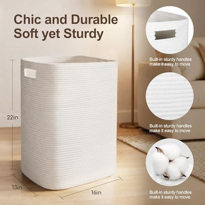 Large Laundry Hamper 16"x13"x22" - Tall Woven Laundry Basket, Cotton Rope Dirty Clothes Hamper, Baby Kids Nursery Wicker Laundry Basket, Bedroom Aesthetic, Soft Laundry Bin, White Hamper, 75L - color: White