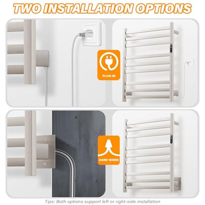 9 Bars Wall Mounted Towel Warmer, Heated Towel Rack for Bathroom, Smart Control with 24-Hour Timer, Plug-in or Hardwired Installation Hot Towel Rack, Stainless Steel Towel Warmer Rack