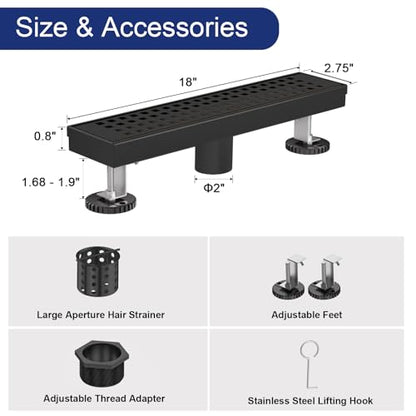 18 Inch Linear Shower Drain - Matte Black, with Removable Grate | AISI 304 Stainless Steel Shower Drain, Long Rectangle Shower Floor Drain with Adjustable Feet, Fits Bathroom & Balcony etc - color: Matte Black, size: 18 in