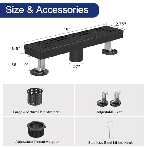 18 Inch Linear Shower Drain - Matte Black, with Removable Grate | AISI 304 Stainless Steel Shower Drain, Long Rectangle Shower Floor Drain with Adjustable Feet, Fits Bathroom & Balcony etc - color: Matte Black, size: 18 in
