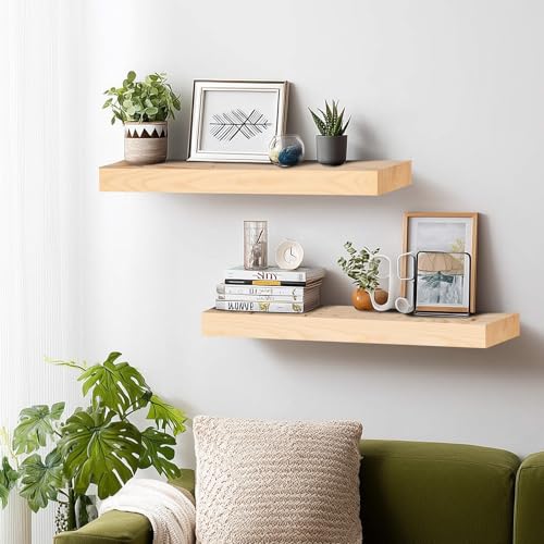 Solid Wood Floating Shelves, 24 Inch Wall Shelves, Set of 2, Wood | 8 Inch Deep, 1.6 Inch Thick, Extra-Wide Display Space, Mounting Hardware Included, For Kitchen, Bathroom and Living Room - color: Wood, size: 24x8x1.6