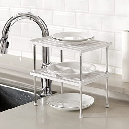 Stackable Kitchen Cabinet Organizer Set of 2 - White | Under Sink Cabinet Shelves and Storage, Pantry Storage Shelf Organizer, Kitchen Counter Shelf for Cupboard