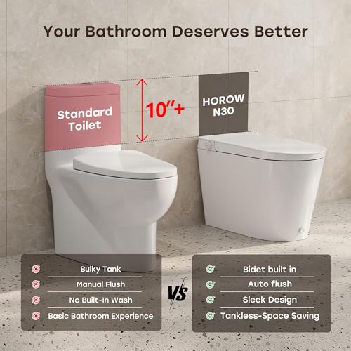 HOROW Non-Electric Bidet Toilet with Auto Flush, Tankless One-Piece Toilet with Powerful Flush, 1.22 GPF Water Saving, Battery Operated, No Rewiring, Suitable for No Outlet Bathrooms, 12" Rough-In
