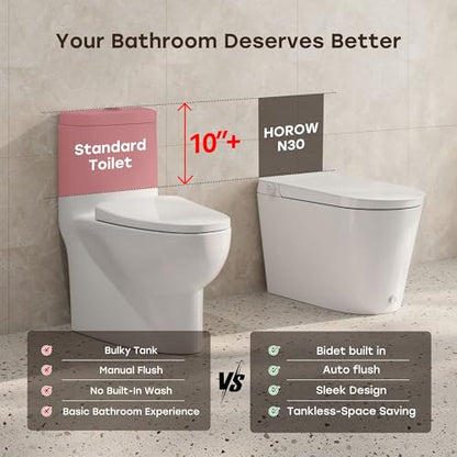 HOROW Non-Electric Bidet Toilet with Auto Flush, Tankless One-Piece Toilet with Powerful Flush, 1.22 GPF Water Saving, Battery Operated, No Rewiring, Suitable for No Outlet Bathrooms, 12" Rough-In