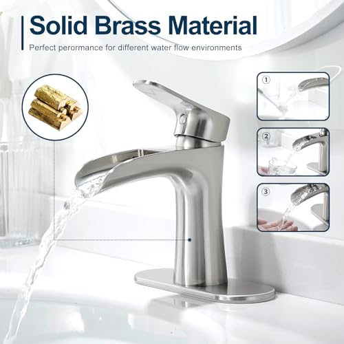 VOTON Bathroom Faucets Brushed Nickel Single Handle Waterfall Sink Faucet One Hole or Three Holes with Deck Mount Vanity Farmhouse RV Vessel Basin Faucet - color: B-Brushed Nickel, style: Without Drain