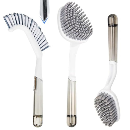 3 Pack Shower Brush for Cleaning, Heavy-Duty Scrub Brush Set for Bathroom | 3 Specialized Brushes, Stiff Bristles, Curved Brush, V-Shaped Grout Brush, Bathroom Deep Cleaning