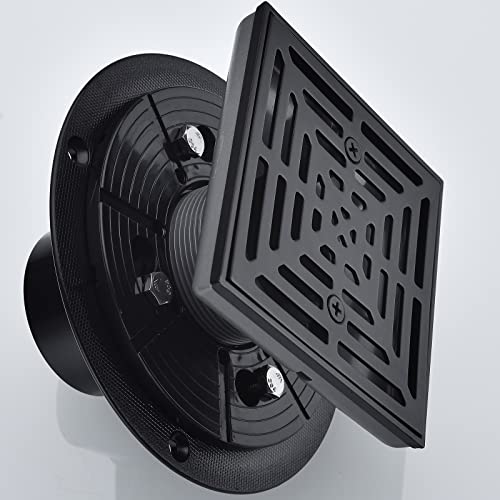 RANDOM 4 Inch Black Shower Drain Square with Adjustable PVC Base Flange,SUS304 Stainless Steel Matte Black Shower Floor Drain with Removable Cover Grid Grate - color: B-matte Black-4″ Square With Base Flange