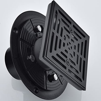 RANDOM 4 Inch Black Shower Drain Square with Adjustable PVC Base Flange,SUS304 Stainless Steel Matte Black Shower Floor Drain with Removable Cover Grid Grate - color: B-matte Black-4″ Square With Base Flange
