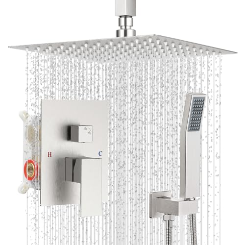 10" Square Ceiling Rain Shower Faucet Set, Brushed Nickel | Anti-scald cartridge, air tech boosts pressure 30%, dual spray, NPT 1/2 - color: Brush Nickel, style: 10''-Ceiling Mount