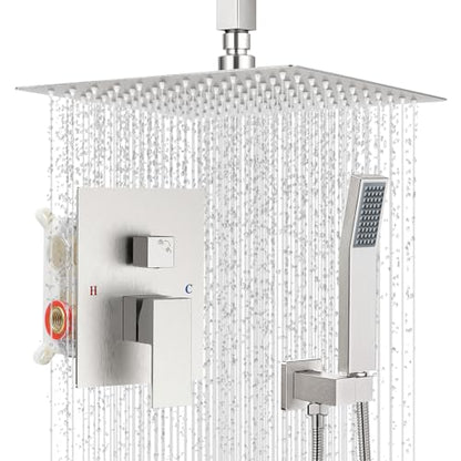 10" Square Ceiling Rain Shower Faucet Set, Brushed Nickel | Anti-scald cartridge, air tech boosts pressure 30%, dual spray, NPT 1/2 - color: Brush Nickel, style: 10''-Ceiling Mount