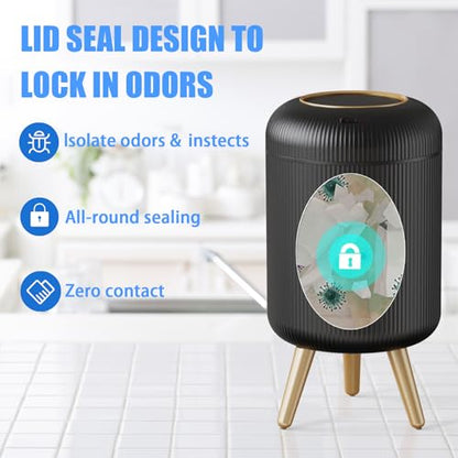 URALFA Motion Sensor Trah Can Bathroom, 3 Gal Automatic Trash Can with Lid | Touchless Sensor Garbage Can with Removable Legs, Smart Waterproof Trash Bin for Bedroom, Office, Restroom, Black and Gold - color: Black, style: Automatic with Legs