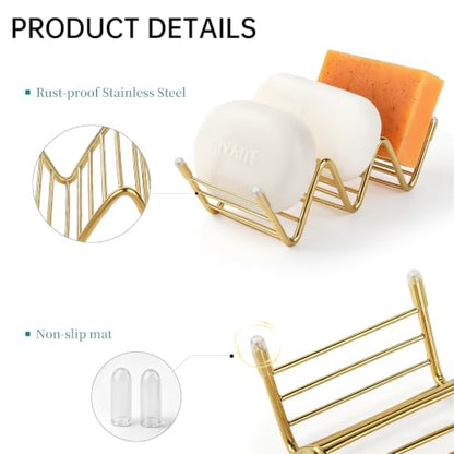 Stainless Steel Soap Dish Self Draining Bar Soap Holder, Gold | Reversible Design Fits 2-3 Bars, Rustproof, Easy to Clean, Space Saving, Non Slip, for Bathroom, Shower, Kitchen - color: Gold, size: 5.8" x 2.5"(no tray)