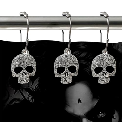 Skull Shower Curtain Hooks Decorative Rings for Bathroom Halloween Skeleton Bath Decor Stainless Steel Rustproof Shower Hanger Pack of 12 (Silver) - size: Skull