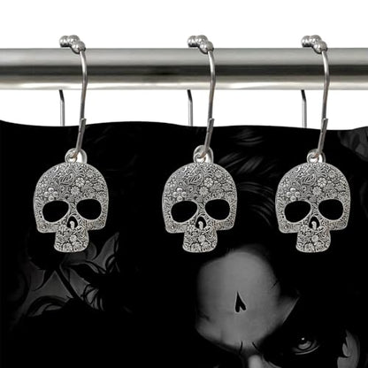 Skull Shower Curtain Hooks Decorative Rings for Bathroom Halloween Skeleton Bath Decor Stainless Steel Rustproof Shower Hanger Pack of 12 (Silver) - size: Skull