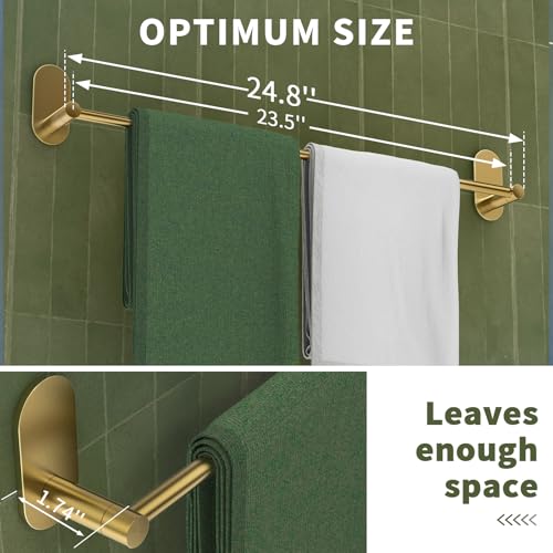Self Adhesive Towel Bar for Bathroom 24ich Stainless Steel and Zinc Alloy No Drill Towel Rack Heavy Duty Hanger Stick On Hand Towel Holder for Kitchen, Cabinet, Door, Shower, Brushed Gold - color: Brushed Gold