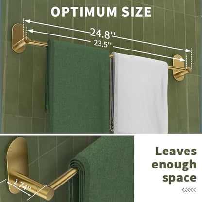 Self Adhesive Towel Bar for Bathroom 24ich Stainless Steel and Zinc Alloy No Drill Towel Rack Heavy Duty Hanger Stick On Hand Towel Holder for Kitchen, Cabinet, Door, Shower, Brushed Gold - color: Brushed Gold