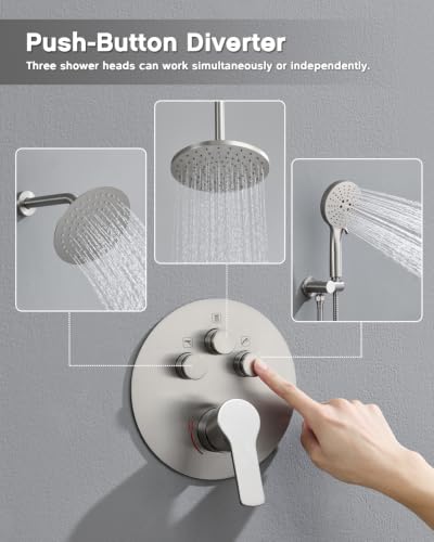 Iriber Brushed Nickel Shower head with Handheld,8"+10" Shower Faucet Set | 10 Inch Ceiling +8 Inch Wall Mount Dual Shower Heads,Push Button Diverter,3 Setting Handheld,Pressure Balance Valve Cartridge - color: Brushed Nickel 06