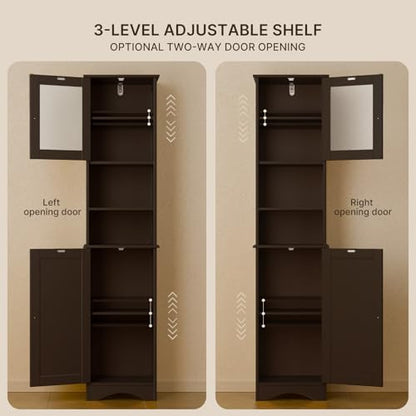 Gizoon Tall Bathroom Storage Cabinet | Freestanding Linen Cabinet with Two-Way Doors, Adjustable Shelves, for Home, Kitchen, Living Room, Dark Brown - color: Dark Brown