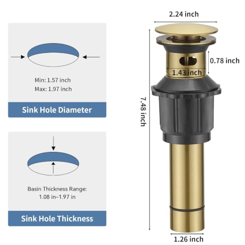 Bathroom Sink Pop Up Drain Stopper, BWE Brushed Gold Finish Stainless Steel Drain with Overflow, Household Universal Vanity Sink Drain Replacement - color: Brushed Gold