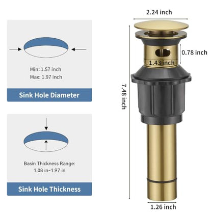 Bathroom Sink Pop Up Drain Stopper, BWE Brushed Gold Finish Stainless Steel Drain with Overflow, Household Universal Vanity Sink Drain Replacement - color: Brushed Gold