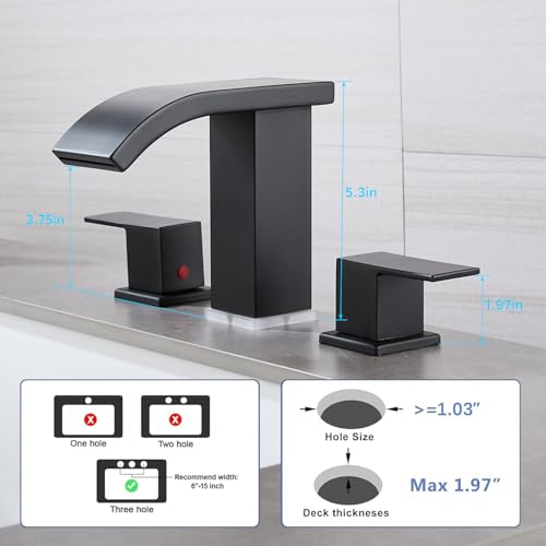 LED Light Bathroom Faucet Widespread 3 Holes - 8Inch Bathroom Sink Faucet | Two Handles Lavatory Vanity Sink Faucets with Pop-up Drain Assembly & Supply Lines - color: Matte Black