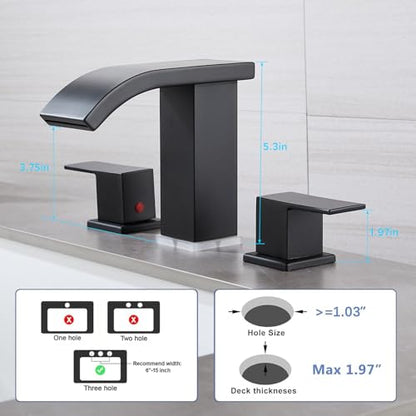 LED Light Bathroom Faucet Widespread 3 Holes - 8Inch Bathroom Sink Faucet | Two Handles Lavatory Vanity Sink Faucets with Pop-up Drain Assembly & Supply Lines - color: Matte Black