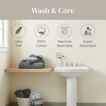 Modern Threads 6 Piece Bath Towel Set – Bathroom Set with 2 Bath Towels, 2 Hand Towels, and 2 Wash Cloths – 100% Cotton, Super Absorbent & Extra Soft – Reversible Floral Trail (Gray) - color: Gray