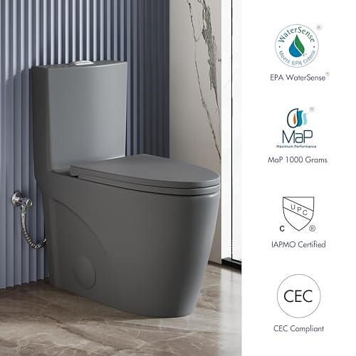 Elongated One Piece Toilet, ADA Dual Flush 1.1/1.6 GPF, Dark Gray | ADA 17" chair height, Powerful siphon dual flush, 12" rough-in, Bathroom toilet bowl, comfort soft closing seat, Gray toilets - color: Dark Gray