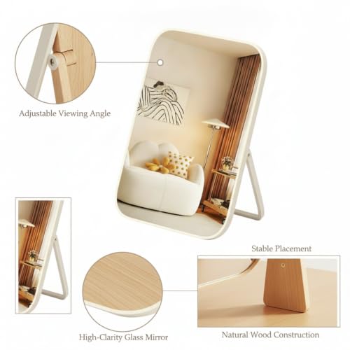 Fits Bedroom and Bathroom Countertops, Foldable Wood Frame Vanity Mirror with Adjustable Angle, Compact Glass Desktop Mirror for Daily Use