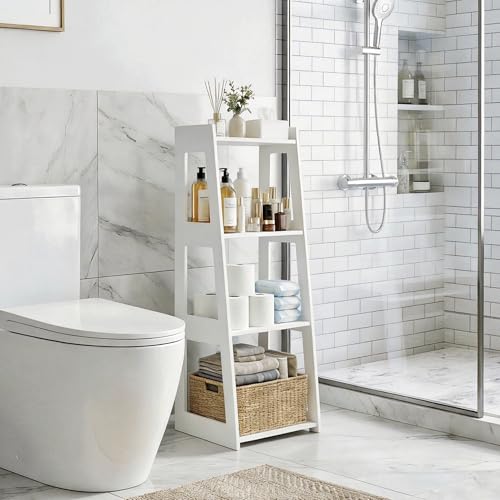 4-Tier Bathroom Ladder Shelf Freestanding, 12.6" W x 37" H | White Floor Shelves, Small Bookshelf, Nightstand, for Home Study, Laundry Room, Open Display Rack, 11.8" Deep - size: 11.0”D x 12.6”W x 37”H
