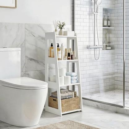 4-Tier Bathroom Ladder Shelf Freestanding, 12.6" W x 37" H | White Floor Shelves, Small Bookshelf, Nightstand, for Home Study, Laundry Room, Open Display Rack, 11.8" Deep - size: 11.0”D x 12.6”W x 37”H