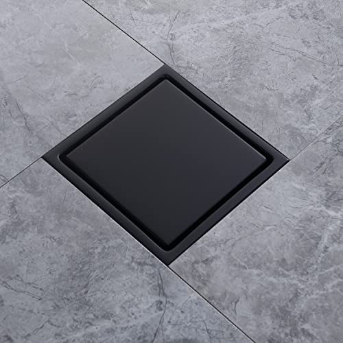 6 Inch Shower Drain Square Black Matte，with Adjustable Drain Flange Kit Base PVC, Removable Grid Strainer Cover and Invisible Floor Tile Insert, SUS304 Stainless Steel - color: Matte Black