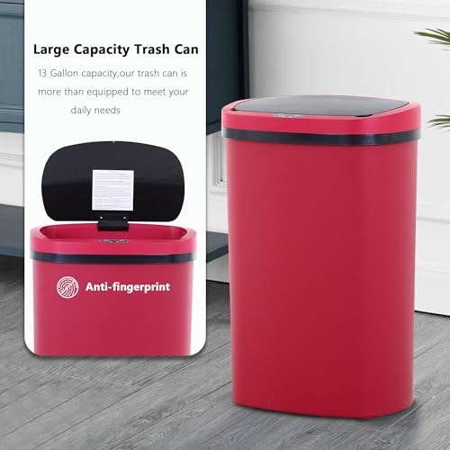 13 Gallon Trash Can,Soft Close Large Garbage Can with Lid,Automatic Indoor Smart Trashcans for Kitchen,Waterproof Trashcans for Kitchen,Touch-Free Trash Can,RED - color: Red, style: 1 piece