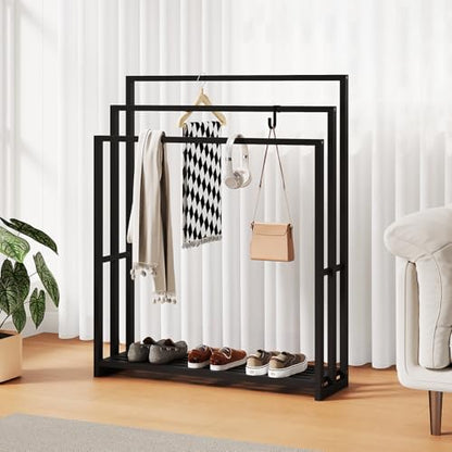 Freestanding Towel Rack, 3 Tier Wide Bamboo Stand with Shelf for Bathroom | 31.5"W × 9.4"D × 39.4"H • Black • Waterproof • Blanket rack • Blanket holder • Ventilated • Bottom shelf • Anti-tip - color: Black