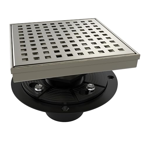 6 Inch Square Shower Drain Nickel Floor Drain with Flange Square Holes Pattern Cover Grate Removable SUS304 Stainless Steel Watermark&CUPC Certified Brushed Nickel - color: Brushed Nickel, size: 6 Inch