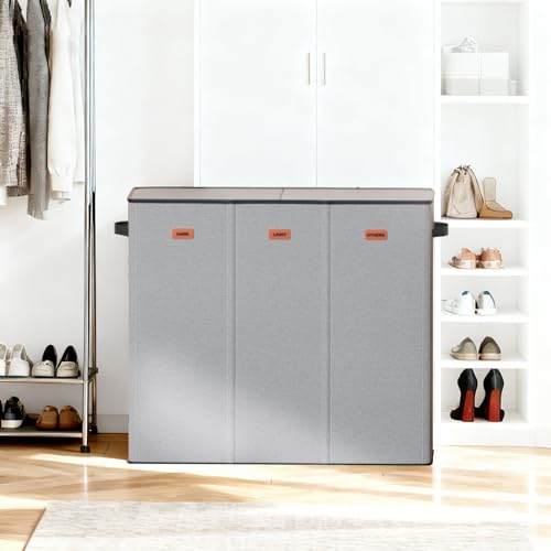 185L Laundry Hamper 3 Section with Lid, Grey Hamper 3 Compartment with 3 Removable Laundry Bags, Large Laundry Basket for Bedroom, Laundry Room, Dorm - color: Grey