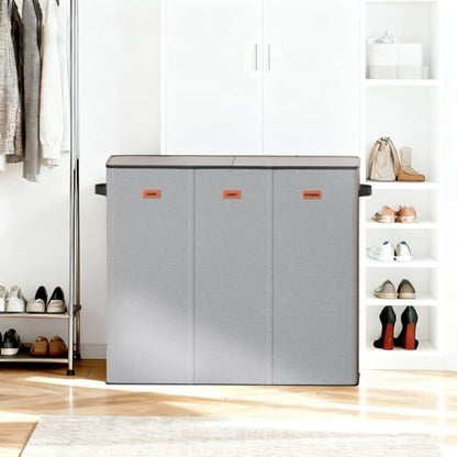 185L Laundry Hamper 3 Section with Lid, Grey Hamper 3 Compartment with 3 Removable Laundry Bags, Large Laundry Basket for Bedroom, Laundry Room, Dorm - color: Grey