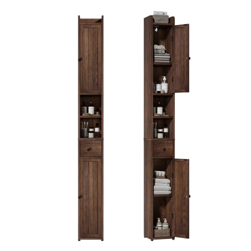 ChooChoo Narrow Bathroom Storage Cabinet with Adjustable Shelves and Drawer | Tall Slim Storage Cabinet, Freestanding Cupboard for Small Spaces, Walnut - color: Walnut, size: 7.87"D x 7.87"W x 70.87"H