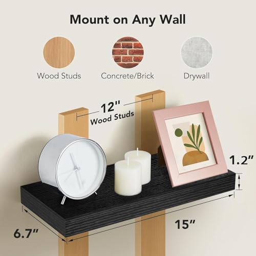 AMADA HOMEFURNISHING Floating Shelves Wall Mounted, 15 x 7 Inch Wall Shelves for Bathroom, Bedroom, Living Room, Black Shelves Set of 2 - color: Black, size: 15 inches